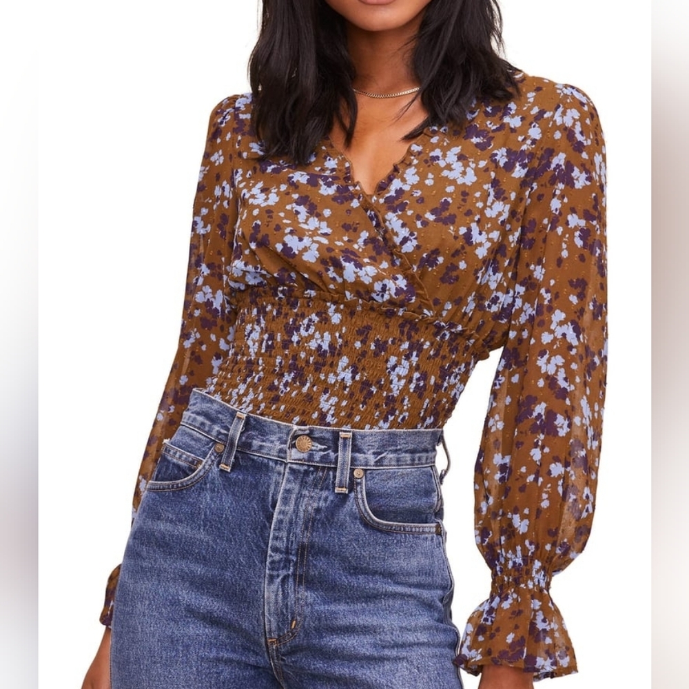 Astr The Label Smocked Waist Supplice Floral Print Boho Long Sleeve Blouse Sz M